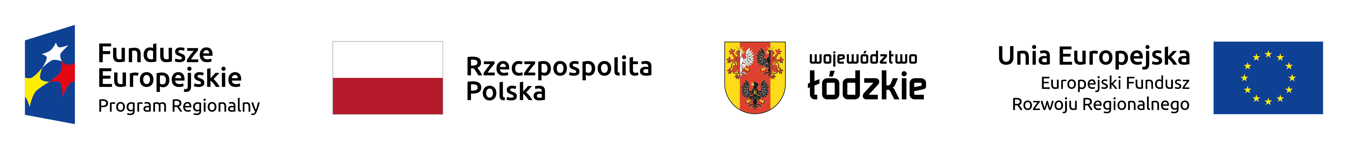 Logo Funduszy EU, flaga Polski, godło woj.łódzkiego, flaga UE